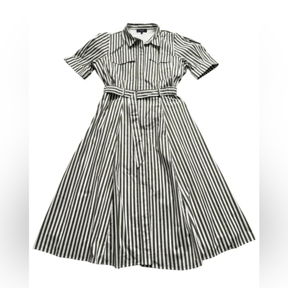 Basque cotton white and army green stripped collard belted lined dress size 16.